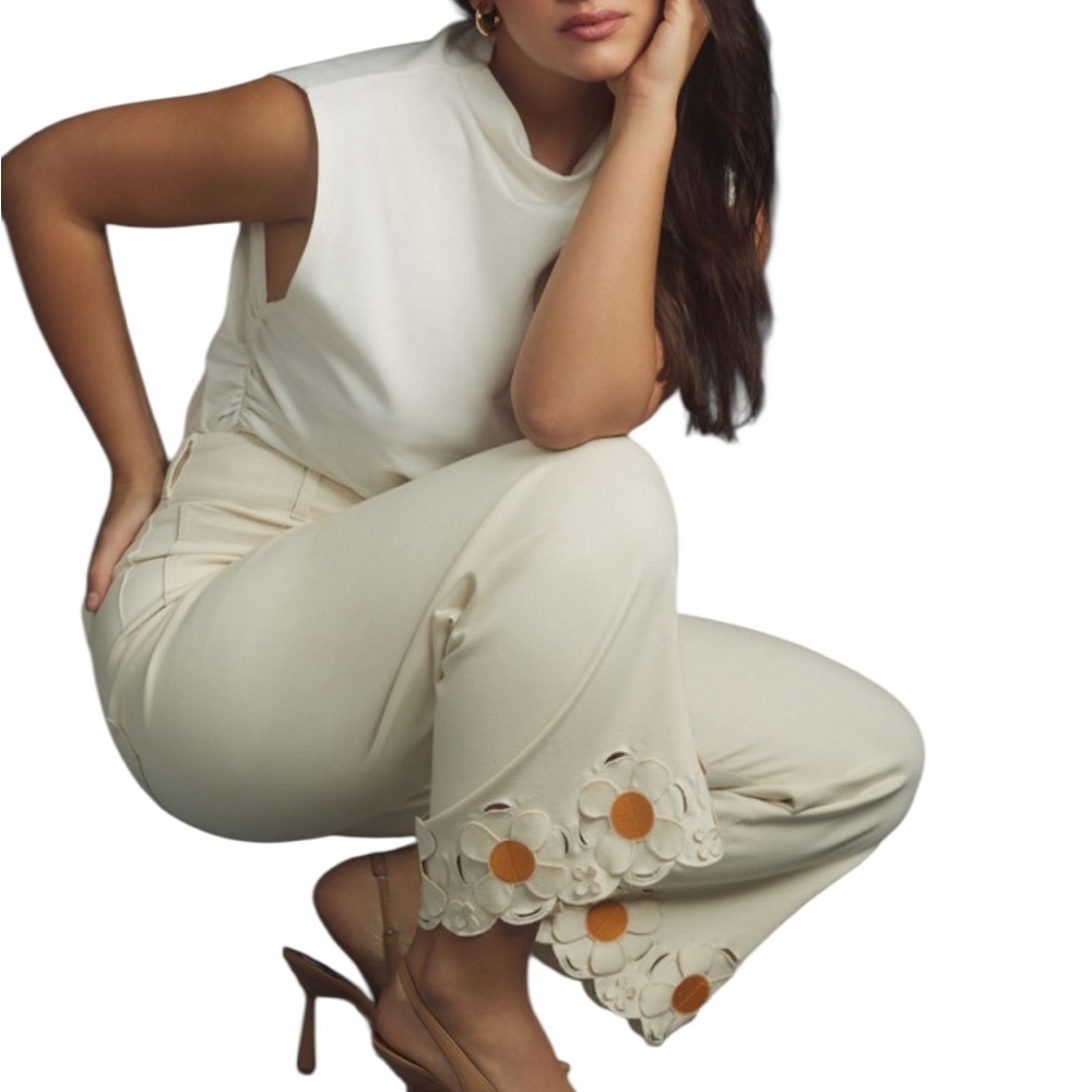 Maeve Colette Flower Embroidered denim Twill Wide leg Jeans Off White Size 30 - Picture 11 of 12